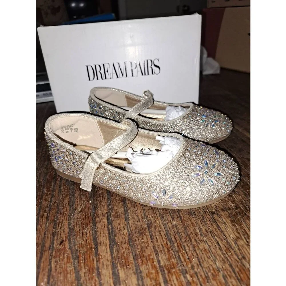 Girls Size 8 Dream Pairs Gold Glitter Embellished Angel Mary Jane Dress Shoes